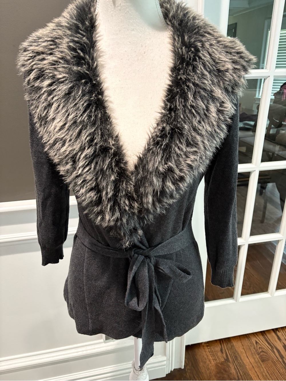 The Limited Charcoal Gray Faux Fur Collar Wrap Mob Wife Core Cardigan